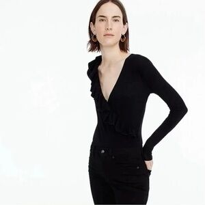J.crew Small Black Ruffle Faux Wrap Long Sleeve V-Neck Full Coverage Bodysuit